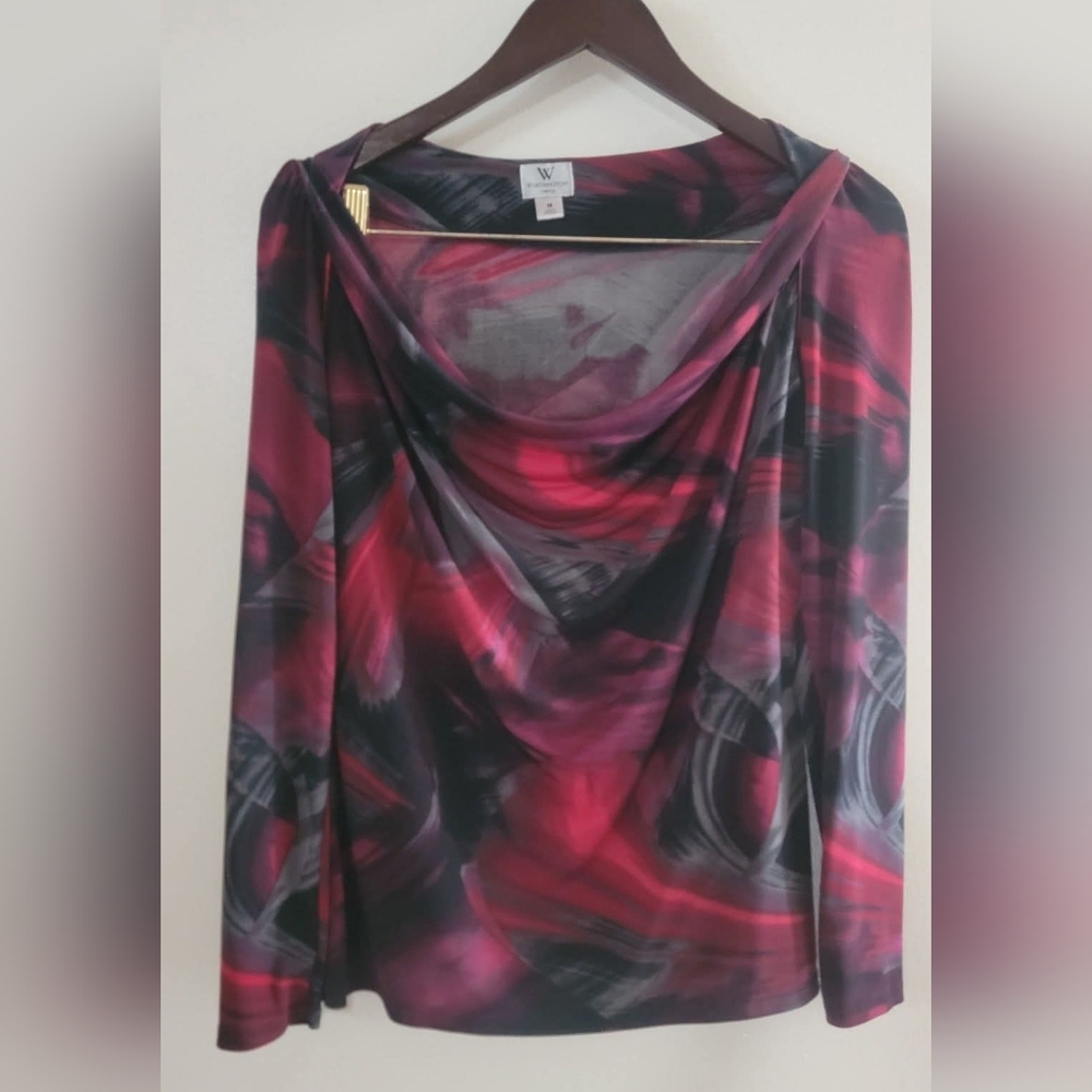 Worthington Red and Black Draped Long Sleeve Blouse